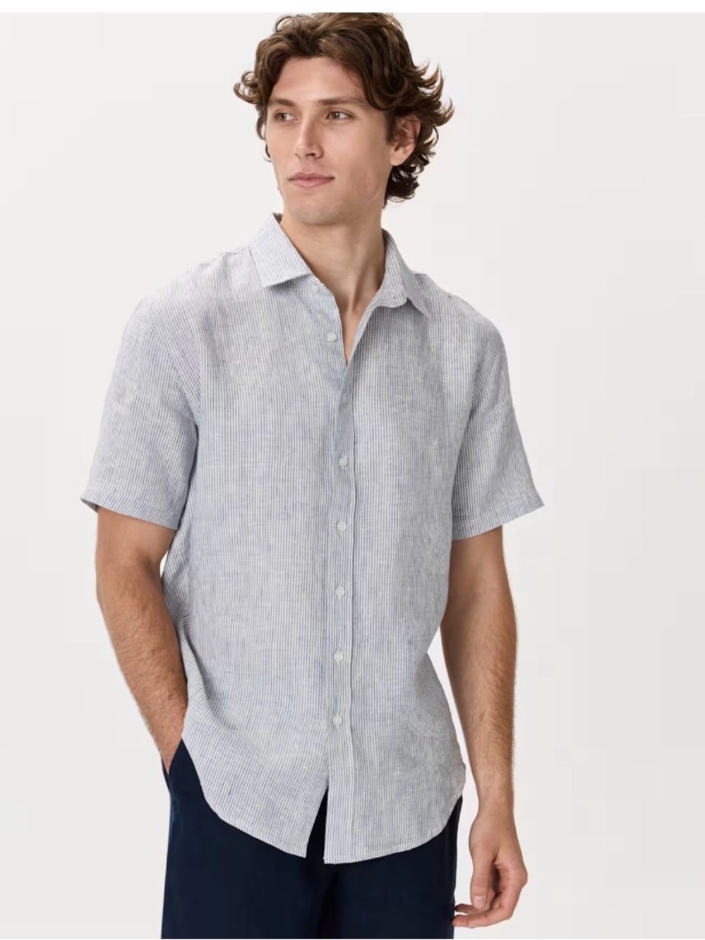 Quince Light Blue Pinstripe Short Sleeve Button-Down Shirt